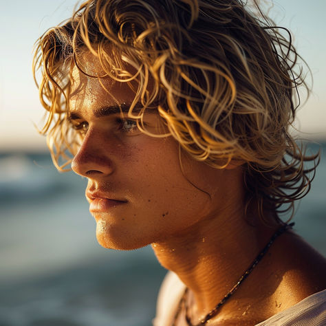 Your natural curls with this surfer hairstyle. Easy-going and perfect for guys who love the beach life. Hot Surfer Dudes, Surfer Curls, Surfer Hairstyle, Surfer Cut, Surfer Men, Surfer Hairstyles, Boys Hairstyle, Dream Bf, Surf Boy