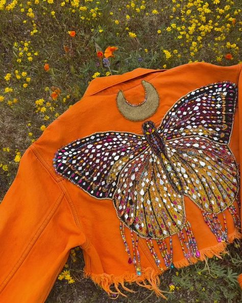 Bloom Butterfly Jacket - Made to Order – Wild & Free Jewelry Patch Jean Jacket, Butterfly Jacket, Jacket Diy, Butterfly Patch, Jacket Patchwork, Diy Patch, Simple Casual Outfits, Upcycle Clothes Diy, Beaded Art