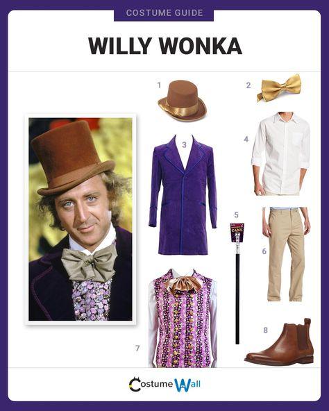 Suit up as Willy Wonka, the chocolate master and creative genius from Charlie and the Chocolate Factory. Wily Wonka Costume, Charlie And The Chocolate Factory Costume Ideas, Diy Wonka Costume, Willy Wonka Characters Costumes, Willy Wonka Family Costumes, Willie Wonka Costume, Gene Wilder Willy Wonka, Willy Wonka Halloween, Wonka Costume