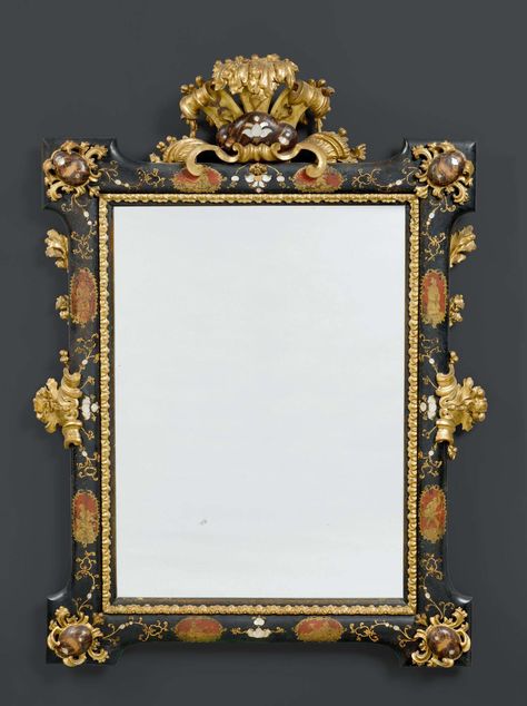 date upsecified IMPORTANT MIRROR WITH PAINTED LACQUER, Regency and later, Venice. Sold for CHF 34 000 (hammer price) Ornate Mirrors, Mirrors Vintage, Royal Frame, Pearl Flowers, Antique Mirrors, Ornate Mirror, Miniature Portraits, Beautiful Mirrors, Antique Frames