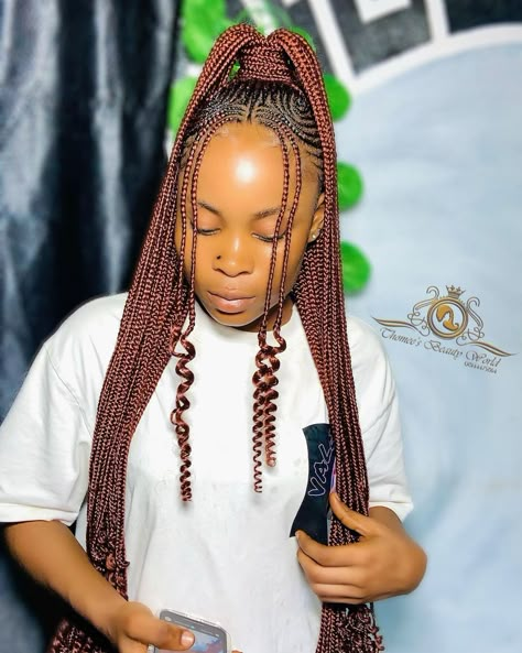 High Cornrow Ponytail with Auburn Feed In Ponytail Carrot Hairstyle, Hairstyles Straight Up Braids, Straight Ups Hairstyles Braids, Straight Up With Beads, Half Carrot Half Box Braids, Cornrows In Ponytail, Feed In Cornrow Ponytail, Straight Up With Curls Braids, Straight Back Hairstyles Braids