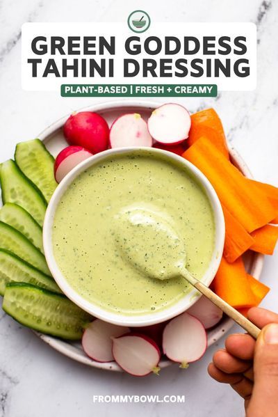 This Green Goddess Tahini Dressing is creamy, herby, and goes with just about anything! BONUS: It's ready in under 5 minutes! It's Vegan, Gluten-Free, Nut-Free & perfect salad! Vegan Green Goddess Dressing, Green Goddess Dressing Recipe, Vegan Green Goddess, Tahini Salad Dressing, Goddess Dressing Recipe, Green Goddess Salad Dressing, Tahini Recipe, Goddess Dressing, Vegan Dressing