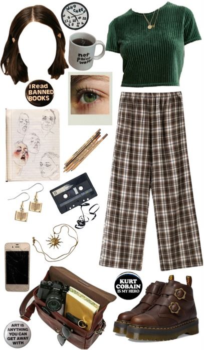 artsy girl Outfit | ShopLook Artsy Girl Outfit, Artsy Girl, Mood Clothes, Doc Martens Boots, Book Earrings, Artsy Outfit, Short Brown Hair, Hair Png, Woman Drawing