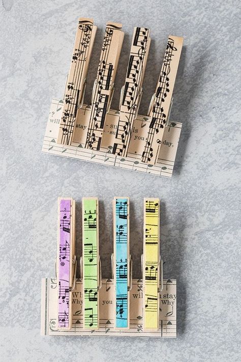 DIY sheet music clothespin magnets are a fun easy craft to make for home decor or a gift. #DIY #sheetmusiccraft #magnets | https://www.roseclearfield.com Music Crafts For Adults, Musical Gift Ideas, Piano Recital Gifts, Music Gifts Diy, Sheet Music Decor, Music Decorations, Music Gift Ideas, Music Greeting Cards, Musical Gifts