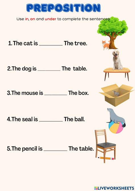 Prepositions online worksheet for Grade1. You can do the exercises online or download the worksheet as pdf.