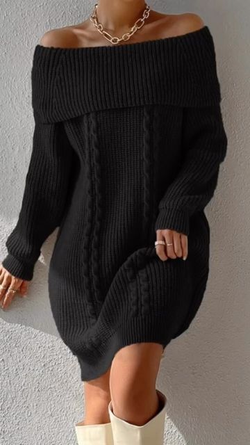 Monster Stylez on Instagram: "Search :Foldover Off Shoulder Cable Knit Sweater Dress Without Belt ✨ www.MonsterStylez.com ✨ Tag us @MonsterStylez_boutique #monsterstylez_boutique for your chance to be featured! #Fashion #manifest #shopping #bosslooks #nyc #dreams #bossbabe #fashion #shopping" Knitted Dress Outfit, Black Dress Winter, Short Sweater Dress, Shoulder Cable, Fall Sweater Dress, Sweater Dress Oversized, Sweater Dress Outfit, Cable Knit Sweater Dress, Concept Clothing