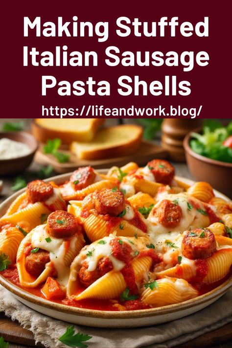 Easy Stuffed Italian Sausage Pasta Shells Recipe Recipes With Italian Sausage Links, Italian Sausage Stuffed Shells, Italian Shells, Stuffed Italian Sausage, Pasta Shells Recipe, Sausage Stuffed Shells, Shell Pasta Recipes, Jumbo Pasta Shells, Stuffed Pasta