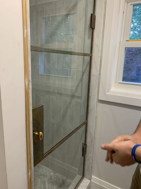 Grid Shower Door, Gold Shower Door, Brass Shower Door, Carpentry Details, Diy Shower Door, Steel Shower Door, Custom Shower Doors, Framed Shower Door, Shower Door Handles