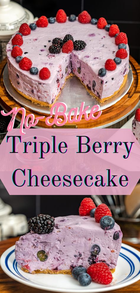 No-bake, simple triple berry cheesecake with lots of fresh and frozen berries! Perfect to make ahead and wonderful light taste and texture through the whipped cream cheesecake batter. Full recipe on my website No Bake Frozen Cheesecake, Frozen Triple Berry Recipes, Wild Berry Cheesecake, Berries Cheesecake Recipes, Triple Berry Dessert Recipes, Triple Berry Recipes, Unique No Bake Cheesecake Recipes, Very Berry Cheesecake, Mixed Berry No Bake Cheesecake