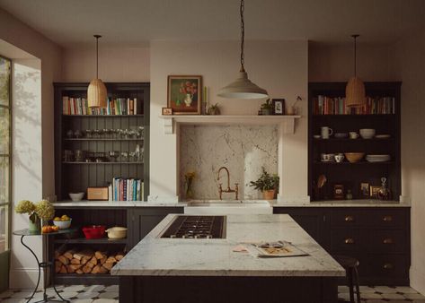 London Basement, Cozy Reading Room, Victorian Terrace House, Victorian Townhouse, London Townhouse, Basement Kitchen, Victorian Terrace, Family Kitchen, Wes Anderson