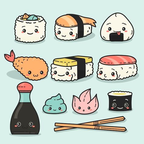 Free vector hand drawn kawaii objects co... | Free Vector #Freepik #freevector #cute-kawaii #chibi #adorable #cute-illustration Kawaii Objects, Sushi Drawing, Sushi Cartoon, Kawaii Sushi, Hand Drawn Arrows, Arrow Drawing, Face Painting Easy, Sushi Set, Object Drawing