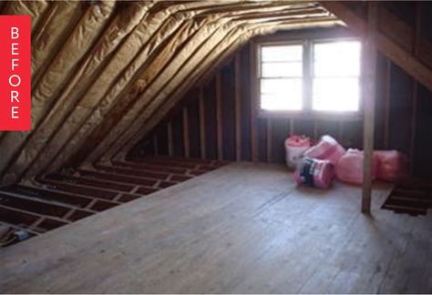 Before and After: An Unfinished Attic Becomes an Airy Office & Play Space Unfinished Attic Ideas, Attic Room Design, Attic Remodel Before And After, Airy Office, Office Attic, Victorian Hallway Tiles, Unfinished Attic, Beds Loft, Four Square Homes