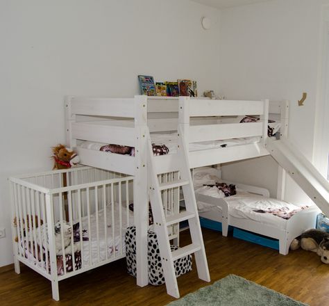 3 Siblings Bedroom Shared, 3 Sibling Room Sharing, Room With 3 Beds Ideas, Crib And Bunkbed Shared Room, Bunk Beds And Crib Shared Room, 2 Under 2 Room Sharing, 3 Toddlers Sharing Room, Crib Under Bunk Bed, Bedroom For 4 Kids