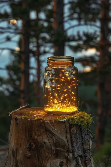 There is a jar on a tree stump in the woods. The jar is filled with fireflies ->> more details in ai-img-gen.com Firefly In A Jar, Firefly Jar, Moss Growing, Fireflies In A Jar, Mossy Tree, Old Cabin, Farm Eggs, Deep Blue Color, The Jar