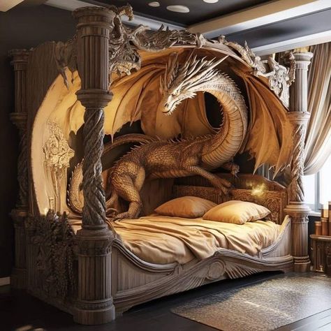 Dragon Bedding, Gothic Decor Bedroom, Beautiful Furniture Pieces, Magical Decor, Medieval Furniture, Fantasy Bedroom, Magical Horses, Unique Furniture Design, Dragon Artwork Fantasy