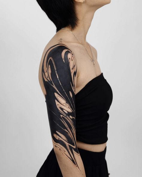 Large Black Tattoo Cover Up, Partial Blackout Tattoo Sleeve, Forearm Blackout Tattoo, Large Cover Up Tattoos For Women Arm, Shoulder Tattoo Cover Up For Women, Black Out Sleeve Tattoo, Big Tattoo Cover Up Ideas, Blackout Cover Up Tattoo, Blacked Out Tattoo Cover Up