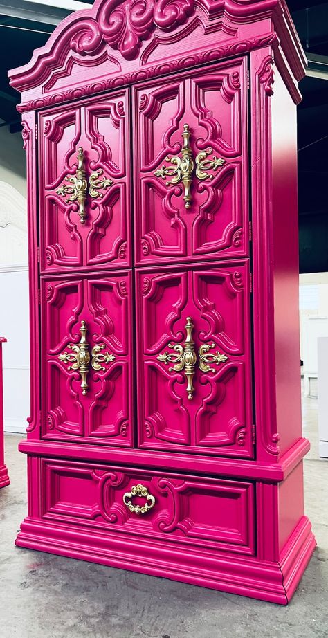 Colorful Accent Cabinet, Rainbow Painted Dresser, Colorful Dresser Makeover, Colorful Dresser Diy, Maximalist House Decor, Hot Pink Paint Colors, Brightly Painted Furniture, Hot Pink Dresser, Pink Walk In Closet