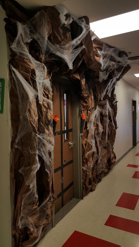 Bat Cave Classroom Door, Halloween Door Decorations Classroom Scary, Work Halloween Decorating Contest, Spooky Hallway Decorations, Bat Classroom Door, Halloween Classroom Decorations Bulletin Boards, Halloween School Hallway Decorations, Halloween Door Decorations Classroom High School, Haunted Classroom Ideas