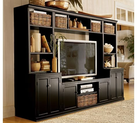 Entertainment center. pottery barn. Black Entertainment Center, Muebles Living, Black Entertainment, Entertainment Center Decor, Entertainment Room, A Living Room, Wall Unit, New Wall, Built Ins