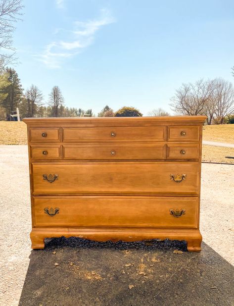 Dated Dresser Turned Vintage Boho Inspired Chest | Little House of Four - Creating a beautiful home, one thrifty project at a time.: Dated Dresser Turned Vintage Boho Inspired Chest Chest On Chest Dresser Makeover, Reface Dresser Drawer Fronts, Vintage Maple Dresser Makeover, 3 Drawer Dresser Makeover Diy, Walnut Dresser Makeover, Restaining Wood Dresser, 1950s Dresser Makeover, 90's Oak Dresser Makeover, Modernize Old Dresser