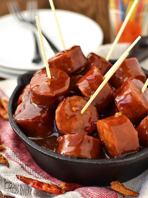 Crock Pot Sweet Chili BBQ Kielbasa is a 3 ingredient gluten-free appetizer recipe that couldn't be simpler. Perfect for parties and game day! | iowagirleats.com Slow Cooker Appetizer, Bbq Sausage, Slow Cooker Appetizers, Bbq Ideas, Iowa Girl Eats, Homemade Bbq, Spicy Sausage, Kielbasa, Crock Pot Cooking