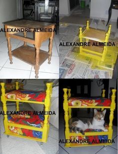 DIY ok the colors are yucky, but i must find one of these tables for a kitty bunk bed! FREAKING AWESOME Cat Bunk Beds Diy, Cat Bunk Beds, Cat Tree Plans, Katt Grejer, Diy Pet Bed, Cool Cat Trees, Diy Cat Tree, Cat House Diy, Diy Cat Toys