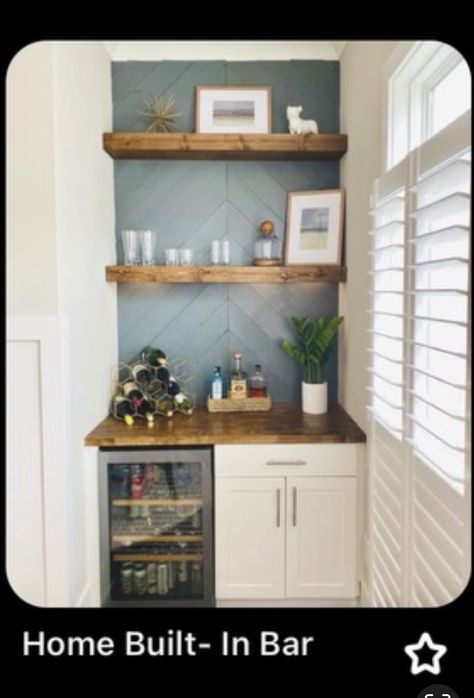 Wine Corner Kitchen, Small Built In Bar In Living Room, Dry Bar Nook Ideas, Floating Shelves Home Bar, Dry Bar Kitchen Ideas, Townhouse Bar Ideas, Min Bar Ideas, Built In Bar In Living Room Small Spaces Wine Fridge, Built In Coffee Station Nook