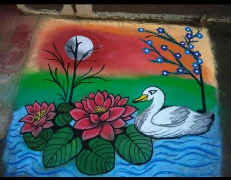 Swan Rangoli, Scenery Rangoli, Kolam Drawing, New Year Rangoli Design, Watercolor Course, Margali Kolam, 3d Rangoli, Accessory Illustration, Margazhi Kolam