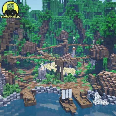 Tribal Jungle Village in Minecraft Things To Build In Minecraft Jungle, Jungle Ideas Minecraft, Minecraft Jungle Builds Easy, Jungle Wood Builds Minecraft, Jungle Kingdom Minecraft, Jungle Bases Minecraft, Treehouse Village Minecraft, Minecraft Jungle Aesthetic, Jungle Mansion Minecraft