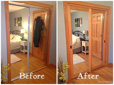 Folding Closet Doors, Sliding Mirror Closet Doors, Closet Mirror, Mirror Closet, Mirror Doors, Closet Door Makeover, Mirror Closet Doors, Closet Diy, Wooden Closet