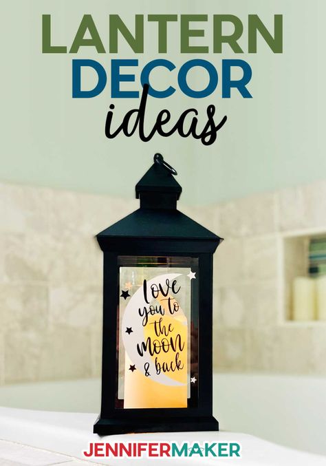 Lanterns Home Decor Ideas -- learn how to make a black LED lantern with black and white vinyl Black Lantern Decor Living Room, Black Lantern Decor, Diy Lantern Decor, Lantern Decor Ideas, Ikea Lanterns, Painted Lanterns, Cricut Patterns, Diy Lantern, Jennifer Maker