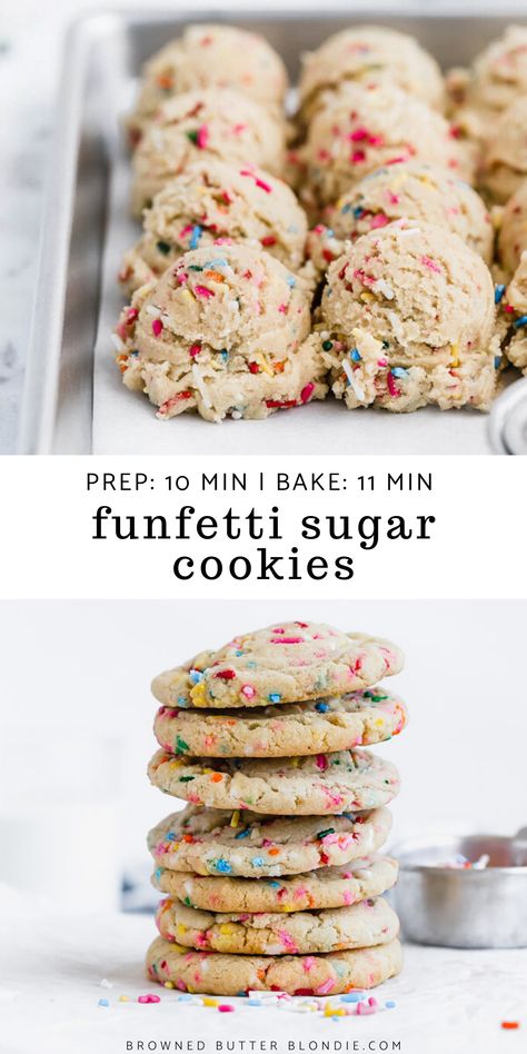 Easy Funfetti Sugar Cookies | Browned Butter Blondie | These easy from scratch funfetti sugar cookies bake up perfectly every time with crispy, crinkled edges and soft, chewy centers. Loaded with festive rainbow sprinkles mixed in the dough, this sugar cookie recipe is the perfect treat for the kid in all of us! #sugarcookie #sprinkles Funfetti Sugar Cookies, Sugar Cookie Recipe, Browned Butter, Rainbow Sprinkles, Easy Cookie Recipes, Sugar Cookies Recipe, Food Cakes, The Kid, Easy Cookies