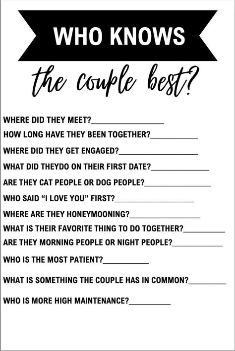 Printable Engagement Party/ Wedding Game Questionnaire. Download and print who knows the couple best questionnaire. Engagement party ideas. Wedding Party Entertainment Ideas, Wedding Party Ideas Games, Engement Ideas, Engagement Party Black And White, Engagement Reveal Ideas, Proposal Party Ideas, Engagement Party Themes Ideas, Small Engagement Party Ideas, Classy Engagement Party