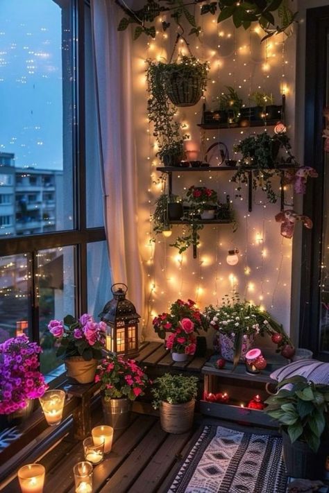 Glowing lights and vibrant blooms create magic Small Balcony Design, Future Apartment Decor, Pinterest Room Decor, Small Balcony Decor, Inspire Me Home Decor, Cozy Room Decor, Apartment Balcony Decorating, Apartment Decor Inspiration, Amritsar