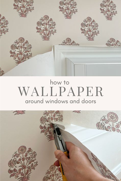 Don't let the tricky areas keep you from hanging wallpaper! It's simple to work around windows, doors, and even wall outlets. Read this post to check out my tips! Wallpaper Around Doorway, How To Decorate With Wallpaper, Wallpaper Around Window, Framed Wallpaper Panels Diy, Wallpaper On Doors, Framed Wallpaper Panels, Applying Wallpaper, Wallpaper Tutorial, Wallpaper Window