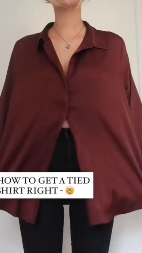 fashionador on Instagram: SO satisfying 🙊 how to tie a shirt perfectly! Tag someone who’d try 🙌 • Love Fashion? Follow👉 @FashionAdor Courtesy of @fashioninflux… Styling Men's Shirts For Women, Collared Shirt Hack, How To Tie Shirt Over Dress, Tie Shirt Over Dress, Mens Shirt Hacks For Women, How To Style Chemise, Top With Shirt Outfit, Baggy Shirt Hack, Tighten Shirt Hack