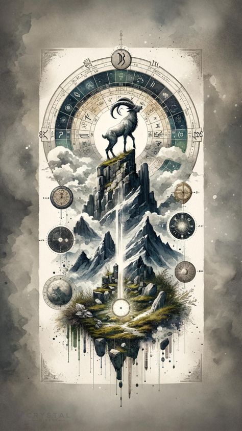 Ascend to new heights with this captivating metaphysical watercolor for Capricorn. Earthy tones blend seamlessly, embodying the goat's determination and resilience. Let this artwork inspire your climb towards success and stability. Astrology Wallpaper Capricorn, Wallpapers For Capricorn, Zodiac Capricorn Art Wallpaper, Capricorn Fantasy Art, Earth Sign Wallpaper, Capricorn Artwork, Capricorn Pictures, Goat Wallpapers, Capricorn Zodiac Art