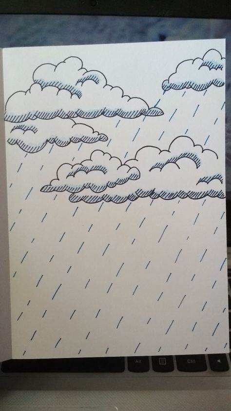 Easy Backgrounds To Draw Simple, Cloud Raining Drawing, Rainy Sky Drawing, Rain Drawing Sketches Easy, Rain Drawing Ideas, Rainy Weather Drawing, Rainy Day Doodles, Raining Day Drawing, Rain Clouds Drawing