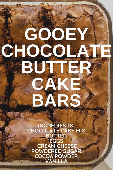 Chess Bars, Butter Cake Bars, Chocolate Box Cake, Chocolate Butter Cake, Chocolate Cake Mix Recipes, Gooey Chocolate Cake, Cake Bars Recipe, Boxed Cake Mixes Recipes, Gooey Cake