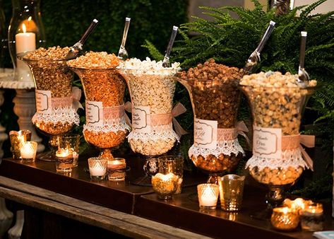 Wedding Late Night Snacks, Popcorn Station, Popcorn Wedding, Wedding Food Stations, Wedding Snacks, Rustic Wedding Seating, Wedding Food Drink, Rustic Wedding Ceremony, Dessert Station