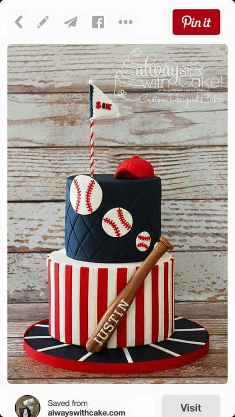 Baseball themed. Two tier cake Baseball Birthday Cakes, Baseball Theme Birthday, Baseball Cake, Baseball Theme Party, Sport Cakes, Baseball Birthday Party, Cupcakes Decorados, Baseball Birthday, Boy Birthday Cake