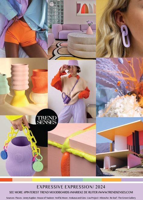 EXPRESSIVE EXPRESSION // 2024 – Trendsenses - Moodboard - Trend - Mood - Marieke de Ruiter - Trendmoodboard -Sources: Pieces – Jenny Kaplan – House of Nadeen – Wolf & Moon – Arakawa and Gins – Uau Project – Hitencho – Re-leaf – The Green Gallery - @mariekederuiter - Our moodboards are free, feel free to support us. Fashion Colour Trends 2023, Color Trends 2023 Interior Living Room, Colour Trends 2023 Fashion, Color Trends 2024 Fashion, 23ss Trend Color, Aw 23/24 Trends, The Most Aesthetic Trends Of 2024, Ss24 Color Trend, Fashion Trends 2023 Summer