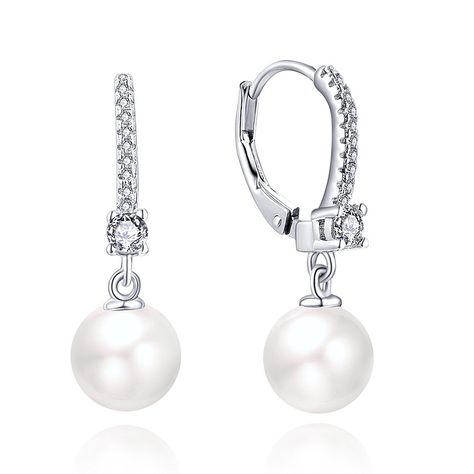 925 Sterling Silver Click On Leverback Hoop Freshwater Pearl Earrings Drops White Gold Plated with Twinkle Cubic Zirconia Crystal for Women From YH Jewelry ** Visit the image link for more details. White Pearl Earrings, White Pearl, Birthstone, Pearl Earrings, 925 Sterling Silver, For Women, Sterling Silver, Silver