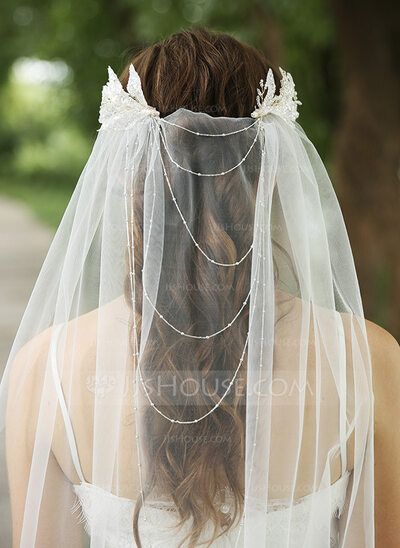 [US$ 46.00] One-tier Cut Edge Chapel Bridal Veils With Beading (006250859) Wedding Headpiece And Veil, Veil Fashion, Romantic Wedding Veil, Beaded Veil, Bridal Accesories, Crystal Headpiece Wedding, Bridal Veils And Headpieces, Veil Crystal, Pearl Bridal Headpiece