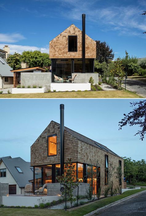 Home With Black Accents, Cedar Shake House, Cedar Shake Siding, New Zealand Architecture, Shingle House, Wanaka New Zealand, Cedar Shake, Gable House, Black Houses