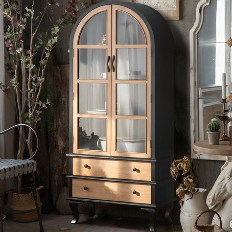 Rosalind Wheeler Averyonna Dining Cabinet | Wayfair China Cabinet Styling Ideas, Arched Living Room, Arched Cabinets, European Farmhouse Living Room, Wine Cupboard, Dining Room Cupboards, Room Cupboard, Tv Stand Decor Ideas, Kitchen Cupboard Storage