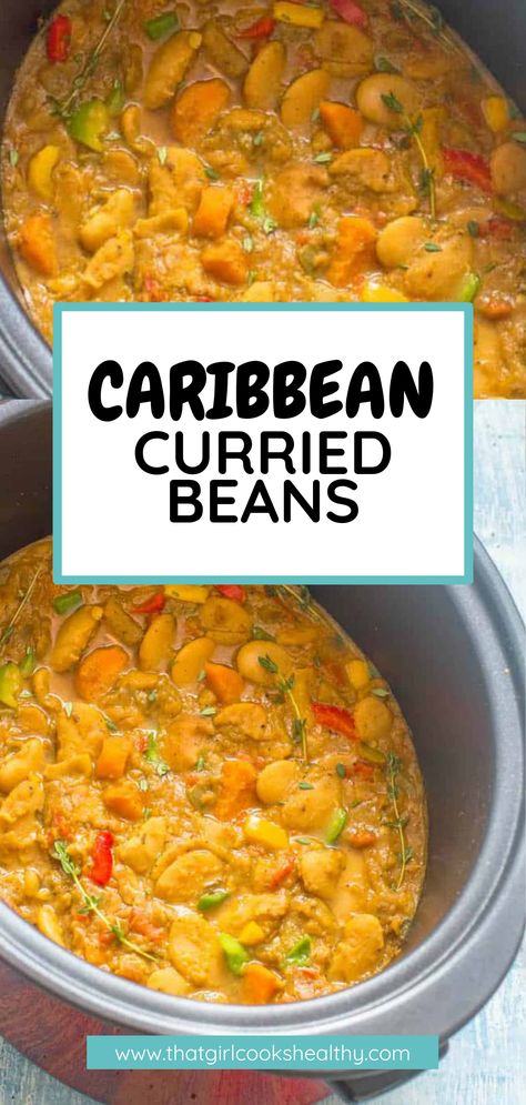 Slow Cooker Caribbean Curried Beans close up. Caribbean Black Bean Soup, Curry Beans Recipe, Vegan Jamaican Curry, Butter Bean Curry Recipe, Carribean Vegan Recipes, Jamaican Butter Beans Recipe, Vegetarian Carribean Food, Vegan Caribbean Food, Vegan Butter Beans Recipe