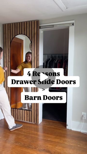 Track Doors Sliding Diy, Linen Closet Sliding Door, Sliding Door Using Drawer Slides, Landry Doors, Sliding Door Interior Design, Easy Diy Sliding Door, Cheap Sliding Door Diy, Barn Door With Hidden Hardware, Sliding Door Shelf