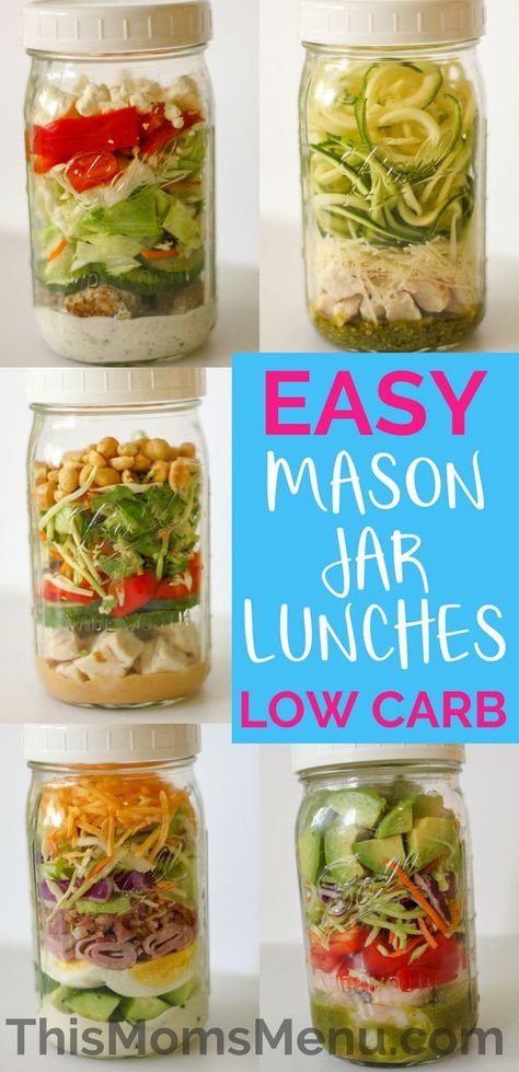 Easy and delicious low carb Mason Jar Salads | #keto #ketosalad #masonjarmeal Pasta Salad In Mason Jars, Keto Salad In A Jar, Keto Salad Jars, Mason Jar Low Carb Meals, Mason Jar Salads Low Carb, Salad Shaker Recipes, Keto Jar Meals, Keto Mason Jar Salad, Keto Jar Salads