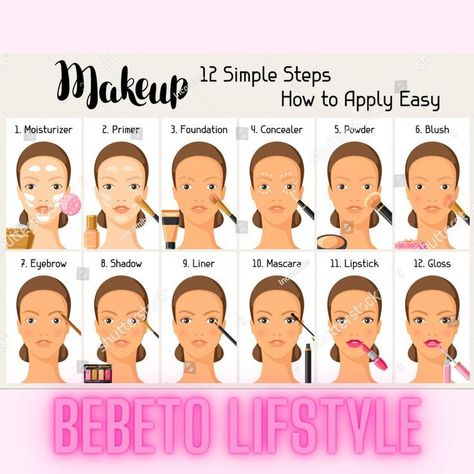 Learn how to apply makeup with these 12 easy steps. #makeup #beauty Perfect Make Up Step By Step, Makeup Steps For Beginners How To Apply, Makeup Products Name Step By Step, Makeup Step By Step Face, Make Up Classes Ideas, Complete Makeup Tutorial, Make Up Steps In Order, Makeup Base Tutorial Step By Step, Mekup Bride Simple Step By Step